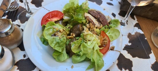 A plate of green salad with tomatoes and duck hearts