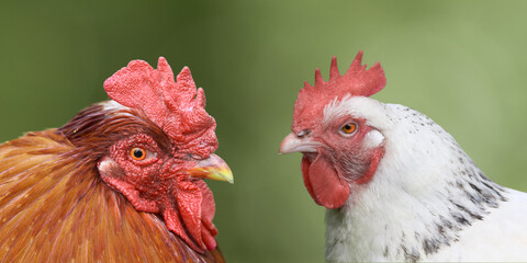 Duo portrait of white chicken and red rooster