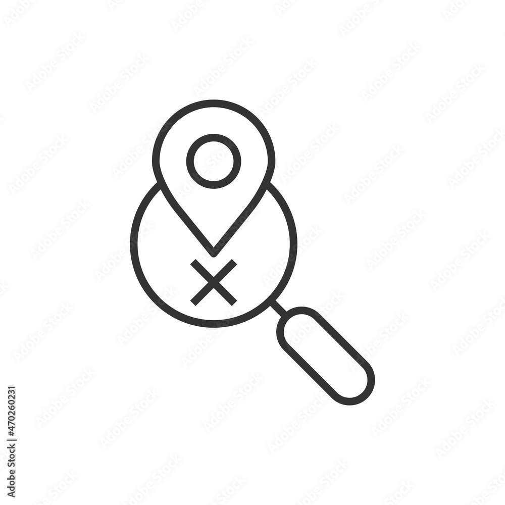 Poster map pin with magnifier icon in flat style. gps navigation vector illustration on white isolated back