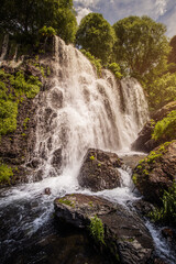 Majestic Shaki Waterfall in Syunik province in Armenia. Peaceful scenery and outdoor journey concept