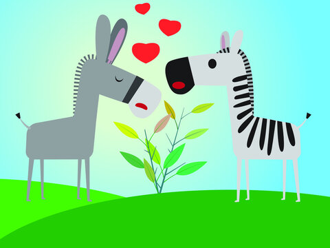 Blind love, donkey zebra in love, animal love. Animals in landscape, Sarcastic cartoon