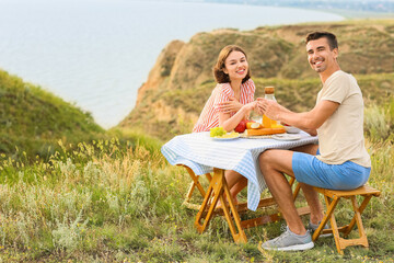 Happy young couple having romantic picnic in mountains