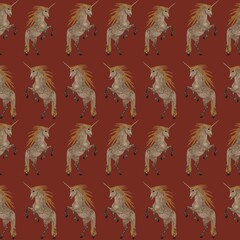 Pattern with beautiful gray unicorn on red background.The unicorn stands on its hind hooves....
