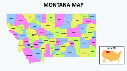 Montana Map. District map of Montana in 2020. District map of Montana in color with capital.