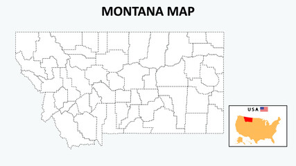 Montana Map. State and district map of Montana. Political map of Montana with outline and black and white design.