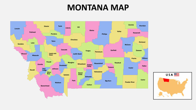 Montana Map. District map of Montana in 2020. District map of Montana in color with capital.
