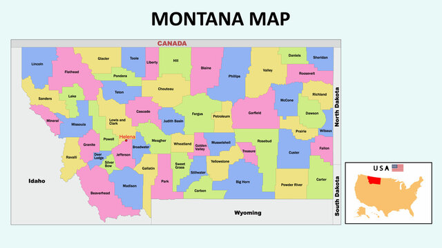 Montana Map. State and district map of Montana. Political map of Montana with neighboring countries and borders.