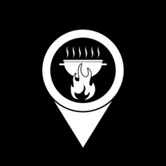Map pointer with barbecue icon isolated on dark background