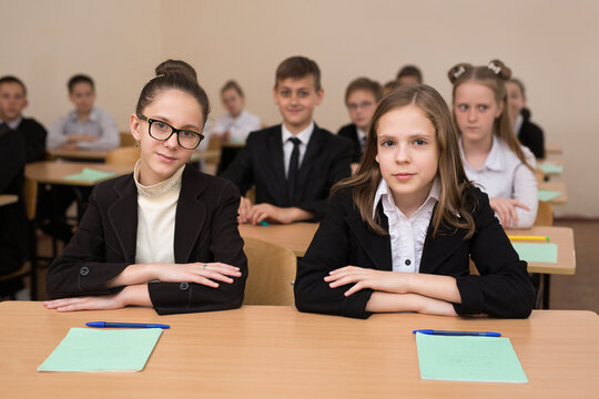 Happy schoolchildren sit at a desk in the classroom