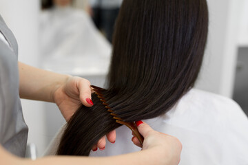 Naklejka premium Strong, shiny and healthy long brunette hair. Hairdresser combing the hair of the client. Close-up of beautiful silky hair is in hands of stylist