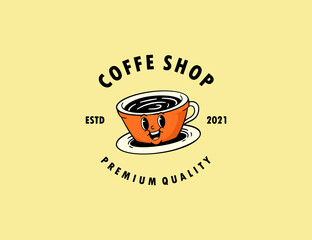 Retro coffe cup character logo template for cafe company