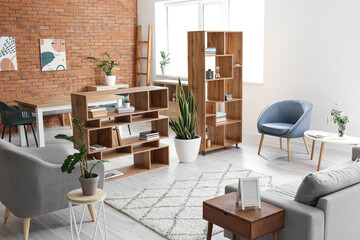 Interior of modern living room with stylish wooden bookshelves