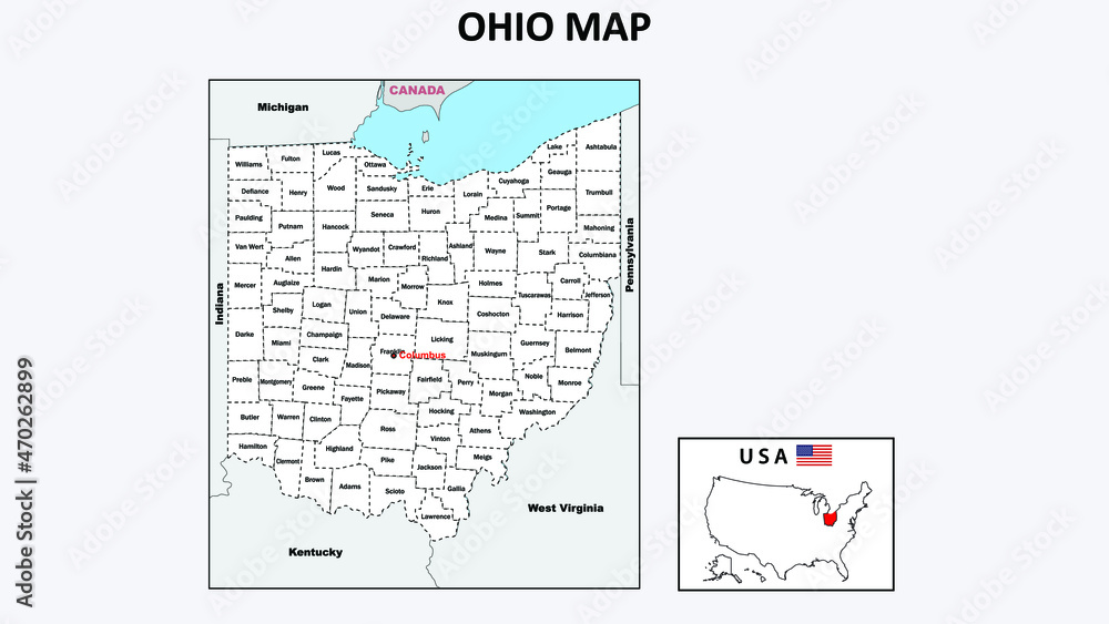 Sticker ohio map. political map of ohio with boundaries in white color.