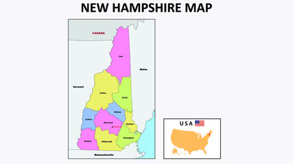 New Hampshire Map. State and district map of New Hampshire. Political map of New Hampshire with neighboring countries and borders.