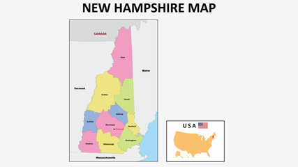 New Hampshire Map. State and district map of New Hampshire. Political map of New Hampshire with neighboring countries and borders.