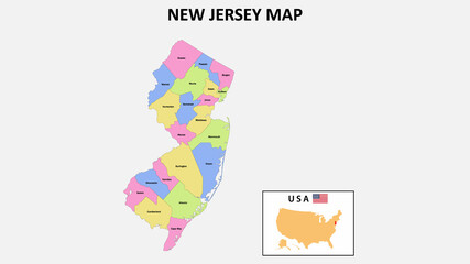New Jersey Map. District map of New Jersey. District map of New Jersey in color with capital.