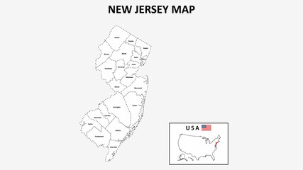 New Jersey Map. State and district map of New Jersey. Administrative map of New Jersey with district and capital in white color.