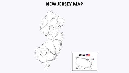 New Jersey Map. State and district map of New Jersey. Political map of New Jersey with outline and black and white design.