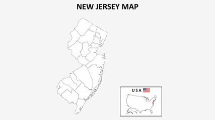 New Jersey Map. State and district map of New Jersey. Political map of New Jersey with outline and black and white design.