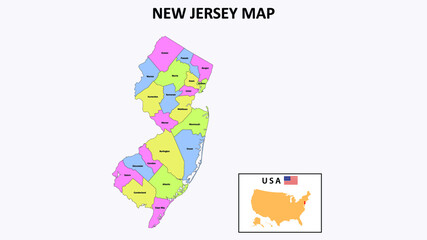 New Jersey Map. District map of New Jersey. District map of New Jersey in color with capital.