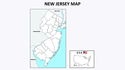 New Jersey Map. Political map of New Jersey with boundaries in Outline.
