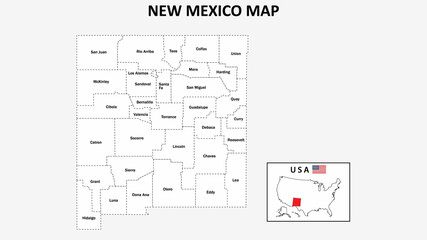 New Mexico Map. State and district map of New Mexico. Administrative map of New Mexico with district and capital in white color.