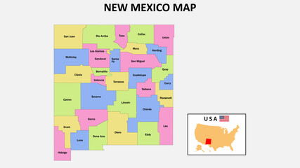 Fototapeta na wymiar New Mexico Map. District map of New Mexico in District map of New Mexico in color with capital.