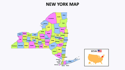 New York Map. District map of New York in District map of New York in color with capital.