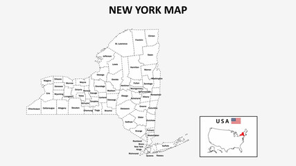 New York Map. State and district map of New York. Administrative map of New York with district and capital in white color.