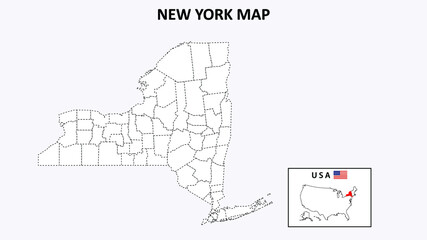 New York Map. State and district map of New York. Political map of New York with outline and black and white design.