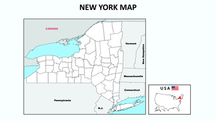 New York Map. Political map of New York with boundaries in Outline.