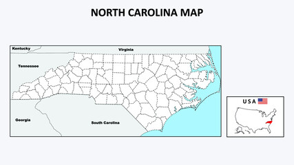 North Carolina Map. Political map of North Carolina with boundaries in Outline.