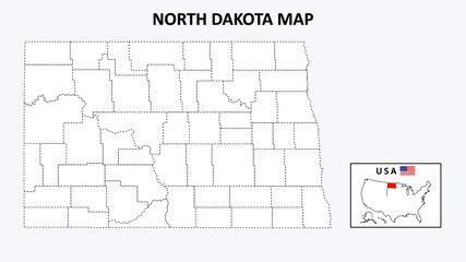 North Dakota Map. State and district map of North Dakota. Political map of North Dakota with outline and black and white design.