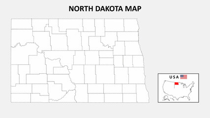 North Dakota Map. State and district map of North Dakota. Political map of North Dakota with outline and black and white design.