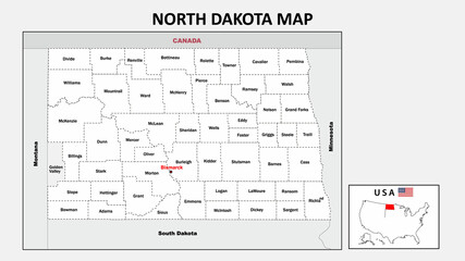 North Dakota Map. Political map of North Dakota with boundaries in white color. - obrazy, fototapety, plakaty
