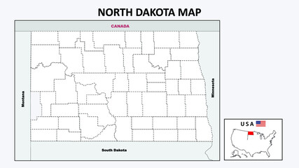 North Dakota Map. Political map of North Dakota with boundaries in Outline.