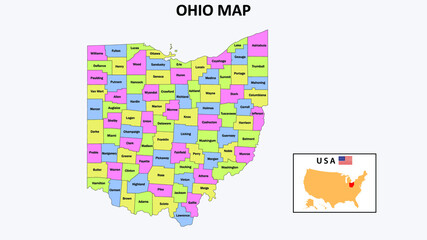 Ohio Map. District map of Ohio in District map of Ohio in color with capital. - obrazy, fototapety, plakaty