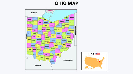 Ohio Map. State and district map of Ohio. Political map of Ohio with neighboring countries and borders.