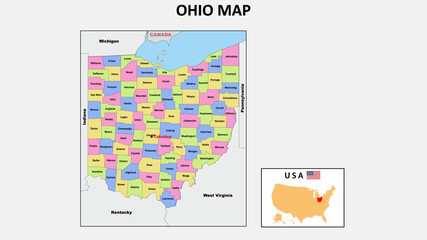 Ohio Map. State and district map of Ohio. Political map of Ohio with neighboring countries and borders.