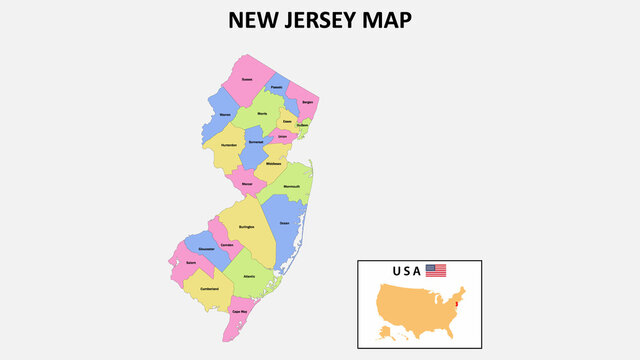 New Jersey Map. District map of New Jersey. District map of New Jersey in color with capital.