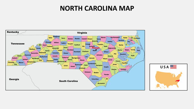 North Carolina Map. State and district map of North Carolina. Political map of North Carolina with neighboring countries and borders.