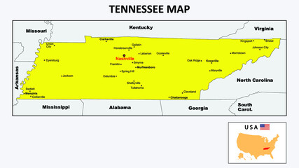 Obraz na płótnie Canvas Tennessee Map. State and district map of Tennessee. Political map of Tennessee with the major district
