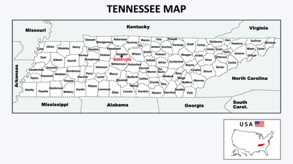 Tennessee Map. Political map of Tennessee with boundaries in white color.