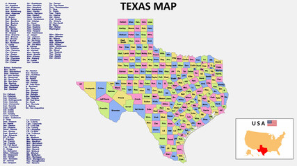 Texas Map. District map of Texas in District map of Texas in color with capital.
