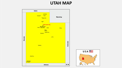 Utah Map. State and district map of Utah. Political map of Utah with the major district