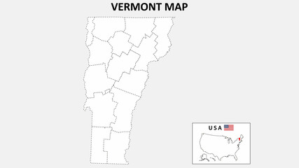 Vermont Map. State and district map of Vermont. Political map of Vermont with outline and black and white design.