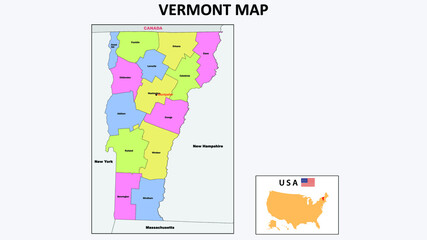 Vermont Map. State and district map of Vermont. Political map of Vermont with neighboring countries and borders.