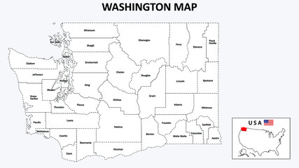Washington Map. State and district map of Washington. Administrative map of Washington with district and capital in white color.