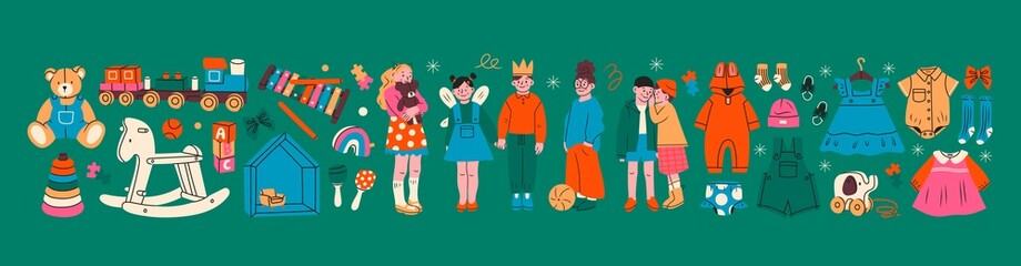 Group of children standing together. Various toys and clothes for kids. Hand drawn big set. Modern Vector illustration. Baby fashion and accessories, preschool activities concept. Cartoon style