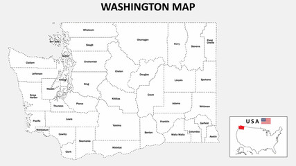 Washington Map. State and district map of Washington. Administrative map of Washington with district and capital in white color.